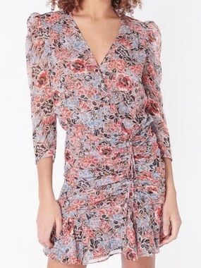 Veronica beard Floral Wrap-Style Mini Dress in Coral & Blue